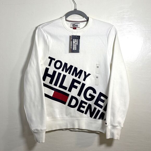 NWT Tommy Hilfiger Men's Ivory White Fleece Pullover Big Spelled Out Logo Sz XS - Picture 2 of 10